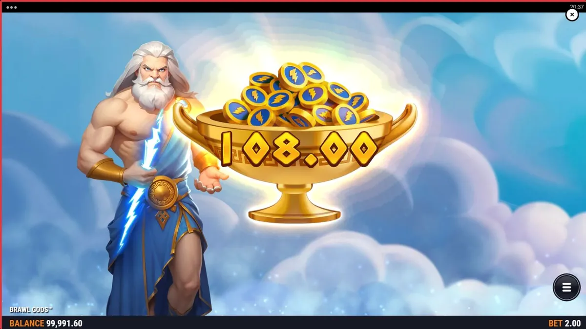 Tampilan visual slot Brawl Gods yang menampilkan Zeus dan Hades dalam desain layar terbagi yang epik.